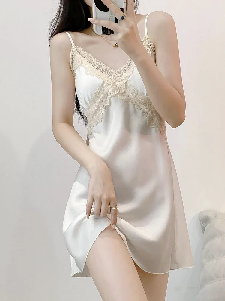 Sexy pajamas women's summer with chest pad ice silk suspender nightdress thin 2024 new high-end loungewear