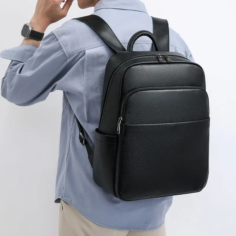 

New Fashion Luxury Brand Real Genuine Leather Men Solid Backpacks Student Backpack Boy Luxury 15.6 Inch Computer Laptop Bag