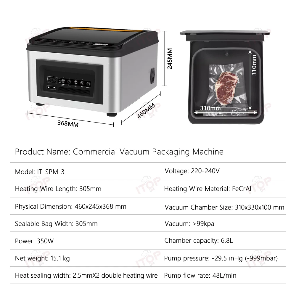 ITOP SPM-3 Commercial Chamber Vacuum Packaging Machine Vacuum Sealer Double Heating Wire Strong Suction -99mbar General All Bag