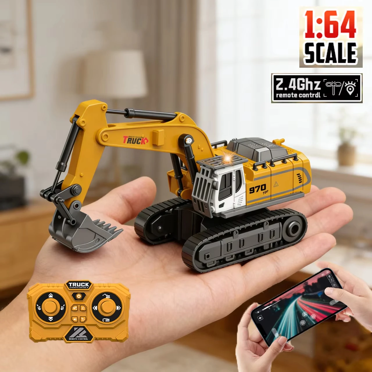 1:64 Mini RC Excavator Crawler Tipper Truck Remote Control Engineering Vehicle with Light and Sound Mini Gift Toy RC Truck