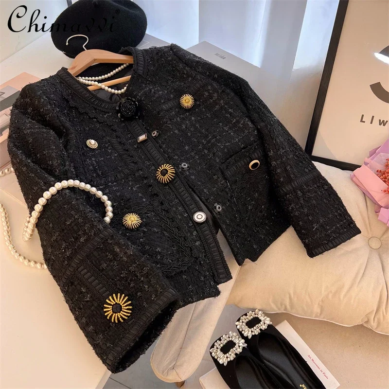 

2024 Heavy Industry Button Thickened Round Neck Down Jacket Liner High-end Tweed Black Coat For Women