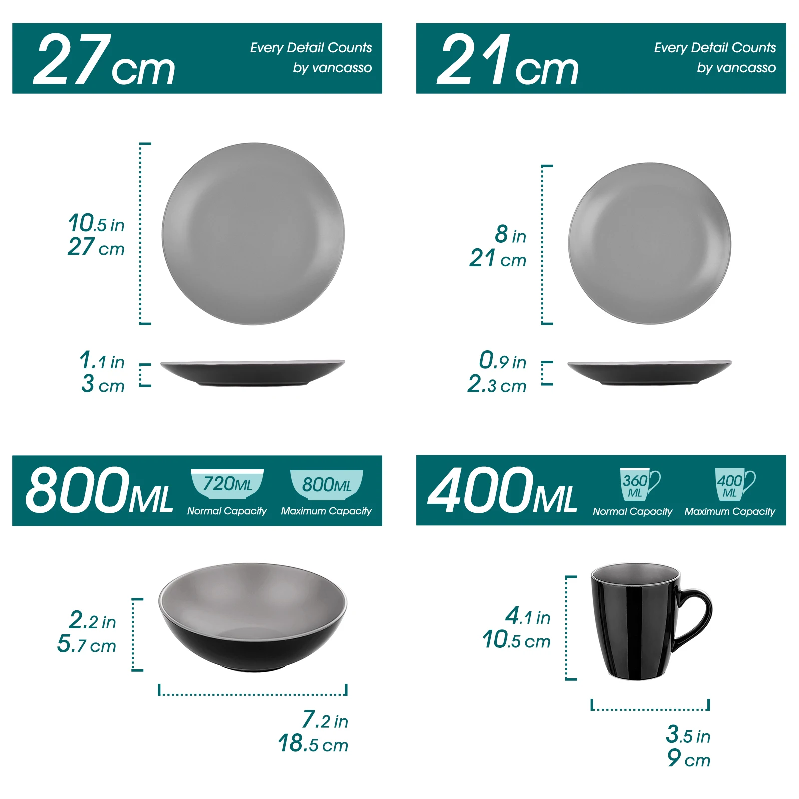 VANCASSO LENTO 16/32/48-Piece Matte Black&Light Gery Stoneware Crockery Tableware Set with Dinner Plate,Dessert Plate,Bowl,Mug