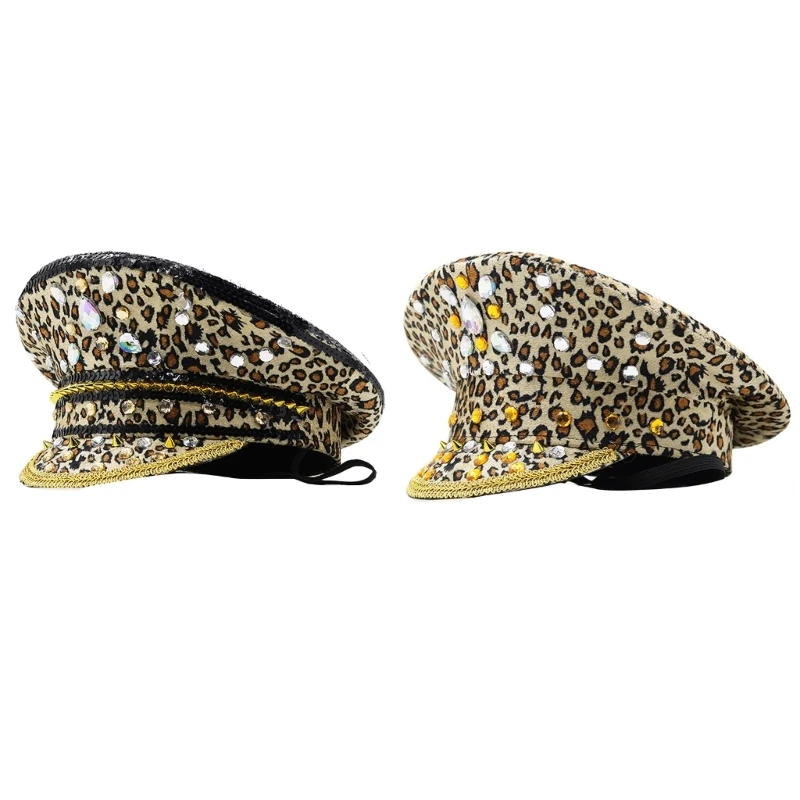 Bejeweled Captain Hat Leopard Crystals Hat for Disco House Cocktail Parties Vacation Crystals for Bride