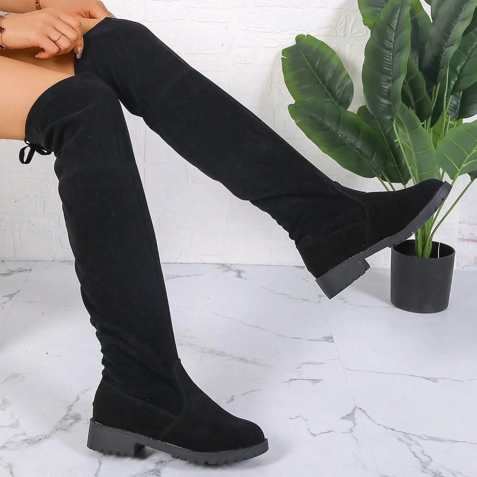 

Woman Thigh High Boots Black Lace Up Over The Knee Boots Square Heel Knee Length Boots Thick Bottom Knight Booties Ladies Shoes