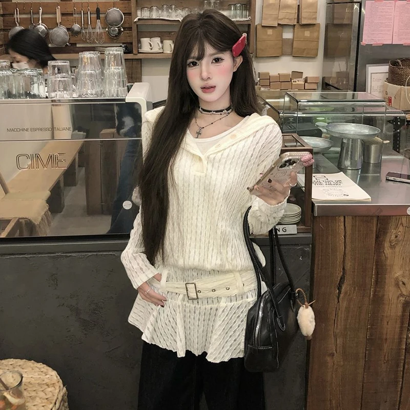 Sweat-shirt à volants ajourés pour femmes, blanc, Simple, manches longues, ceinture, Streetwear, Harajuku, Hottie, mode, tous assortis, nouveaux hauts