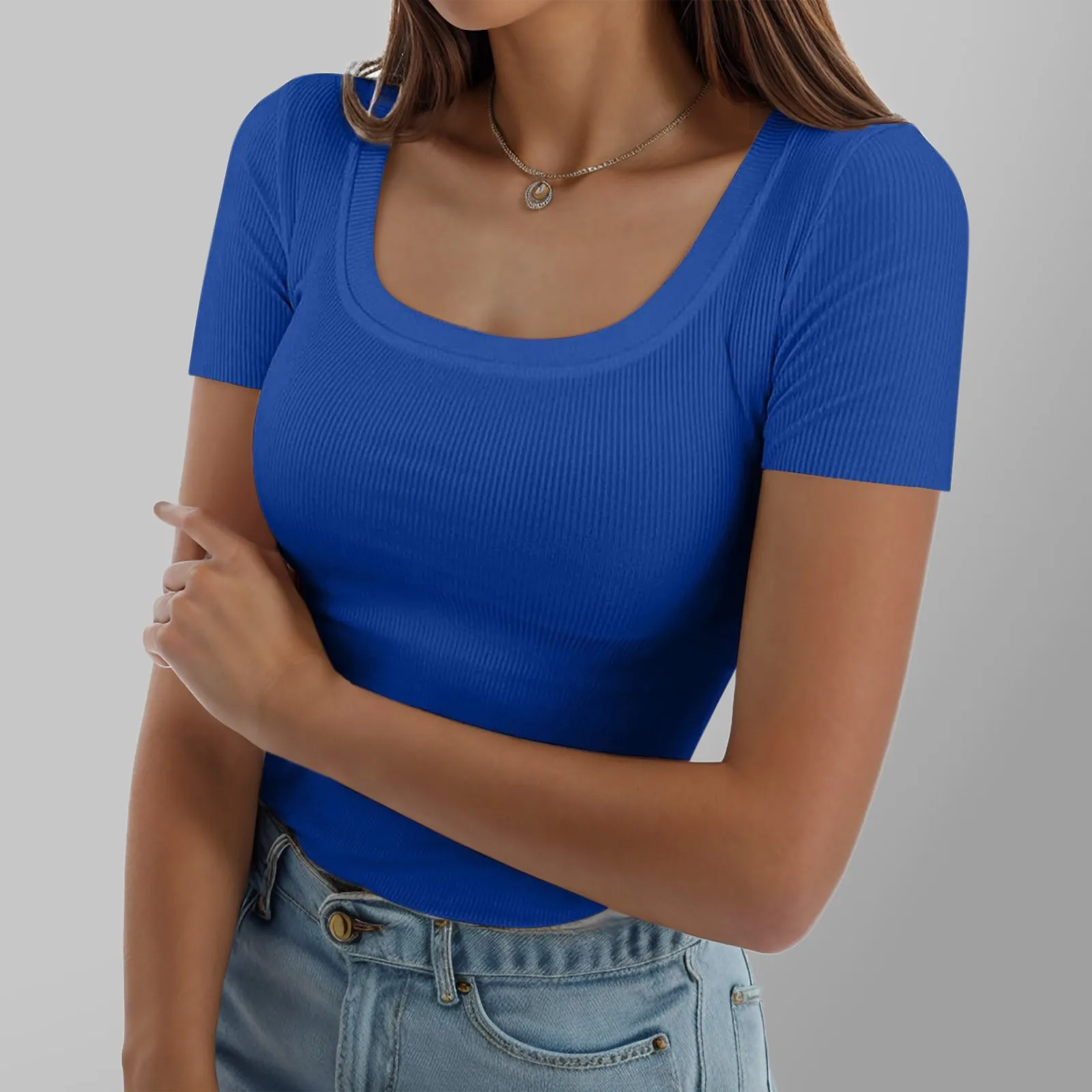 Camiseta de malha com nervuras para mulheres, tops slim fit, camisas monocromáticas, manga curta, colarinho quadrado, camisetas femininas, roupas de treino, verão