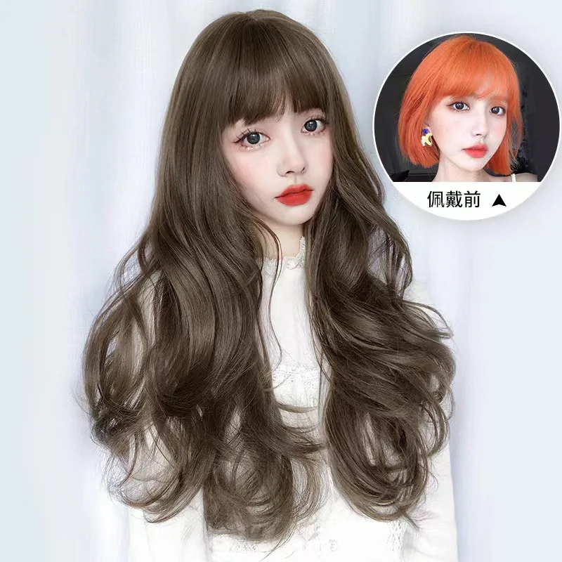 Neat  Bangs Lovely Hair Girls Long Curly Wig for Women Daily Use Sythetic Fiber Heat Resistant Lovely Gift Peluca