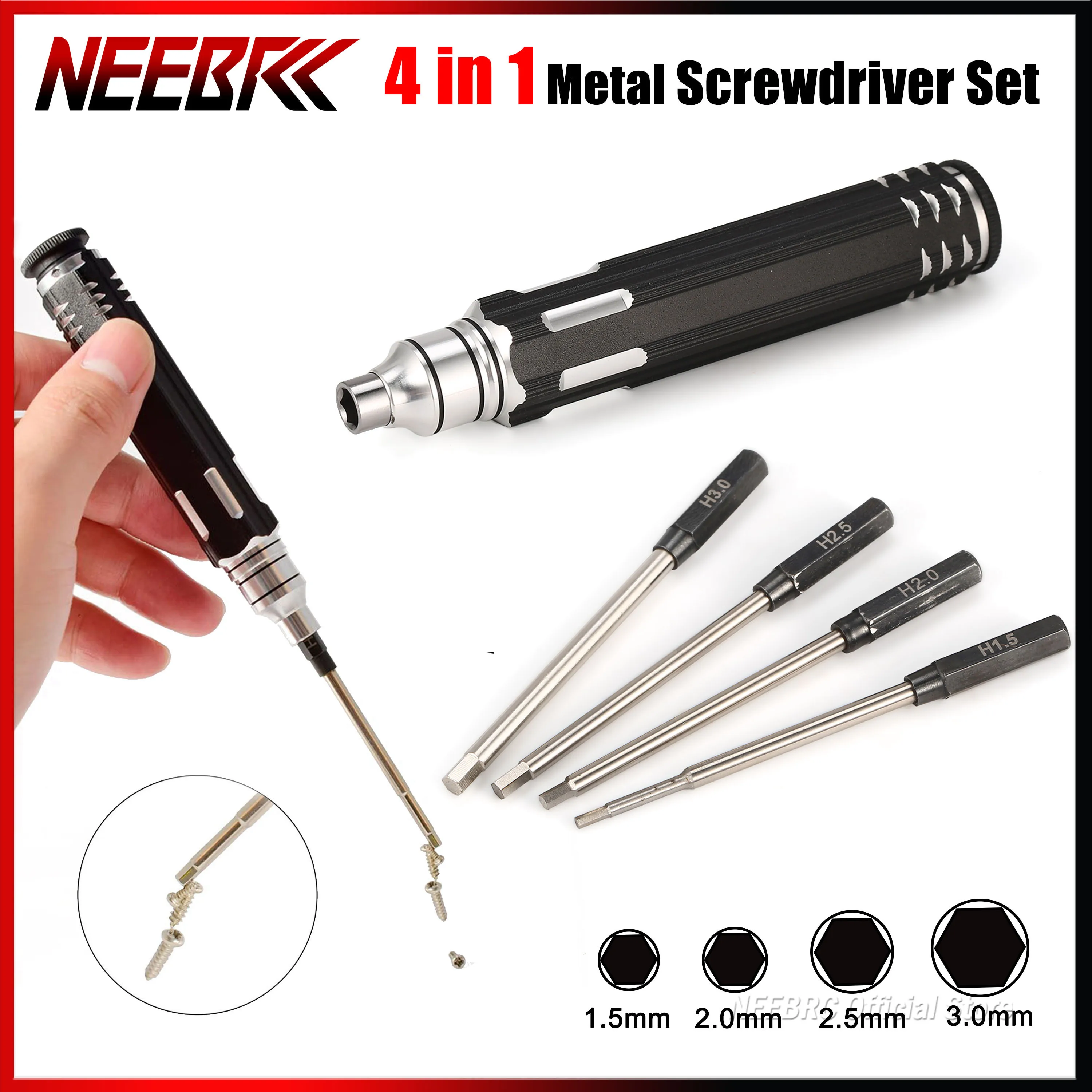 Jeu de tournevis 4 en 1, 1.5mm 2.0mm 2.5mm 3.0mm, poignée hexagonale en métal, Kit d'outils de réparation pour avion RC, Drone, voiture, bateau, partie