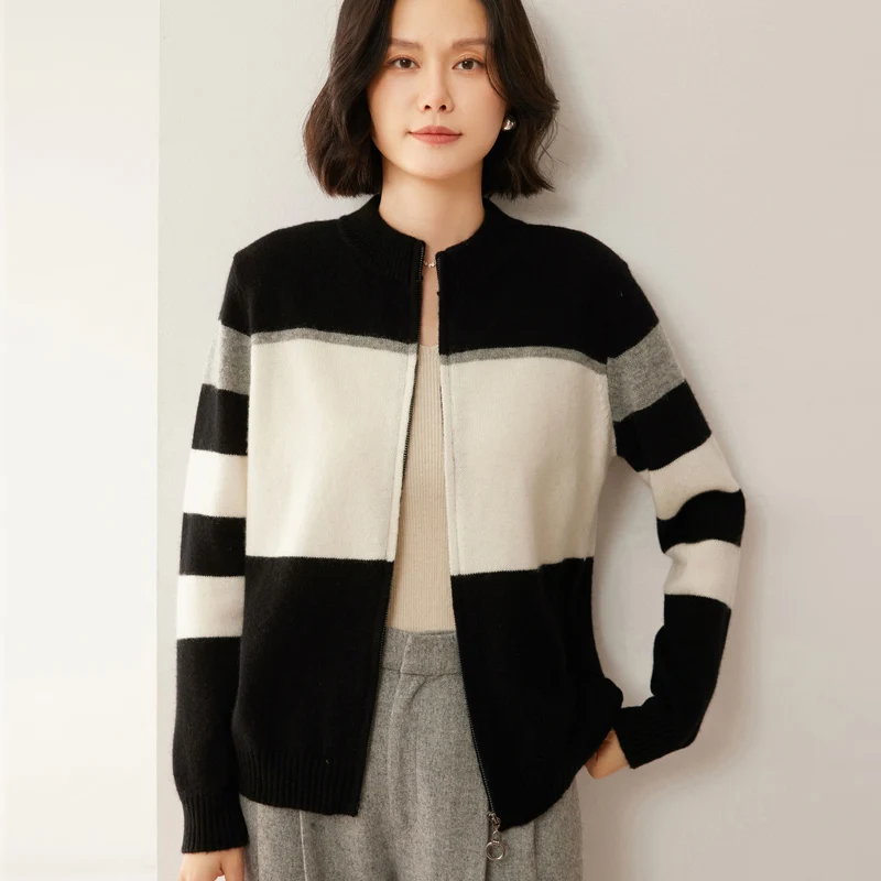 Tri color splicing Cashmere Sweater Women Knitwear Wool Cardigan O-Neck Long Sleeve Zipper style Thick Loose Fit Clothing Tops