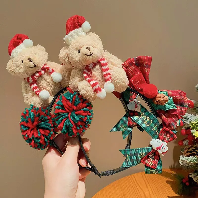 

Рождественская одежда, рождественская повязка, детская заколка для волос с плюшевым мишкой, повязка на голову с бантом для девочек, праздничный наряд, аксессуар для волос