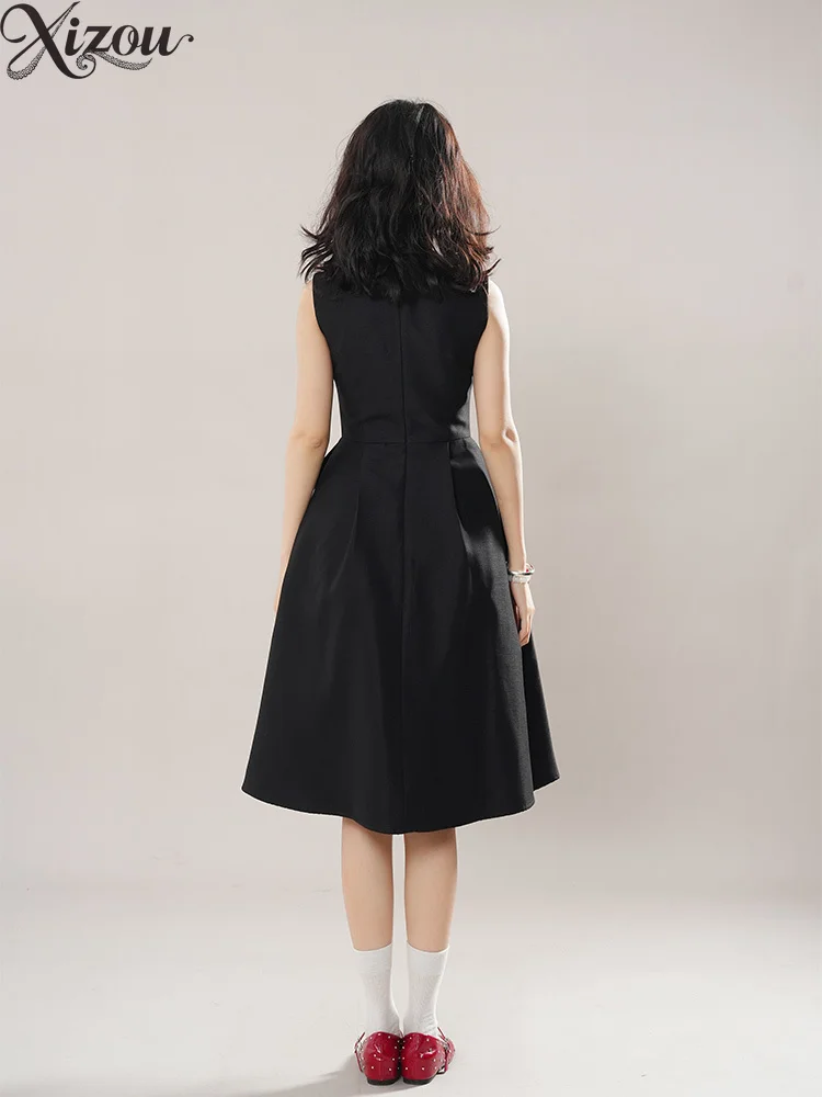 2025 verão feminino sem mangas cintura hepburn vestido francês a linha preto formal senhoras doce elegante festa coreano em torno do pescoço oferta