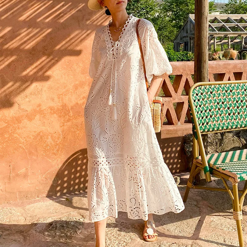 

Новое модное элегантное французское вышитое отпускное платье с пышными рукавами, белое вечернее платье для весенне-летней женской одежды