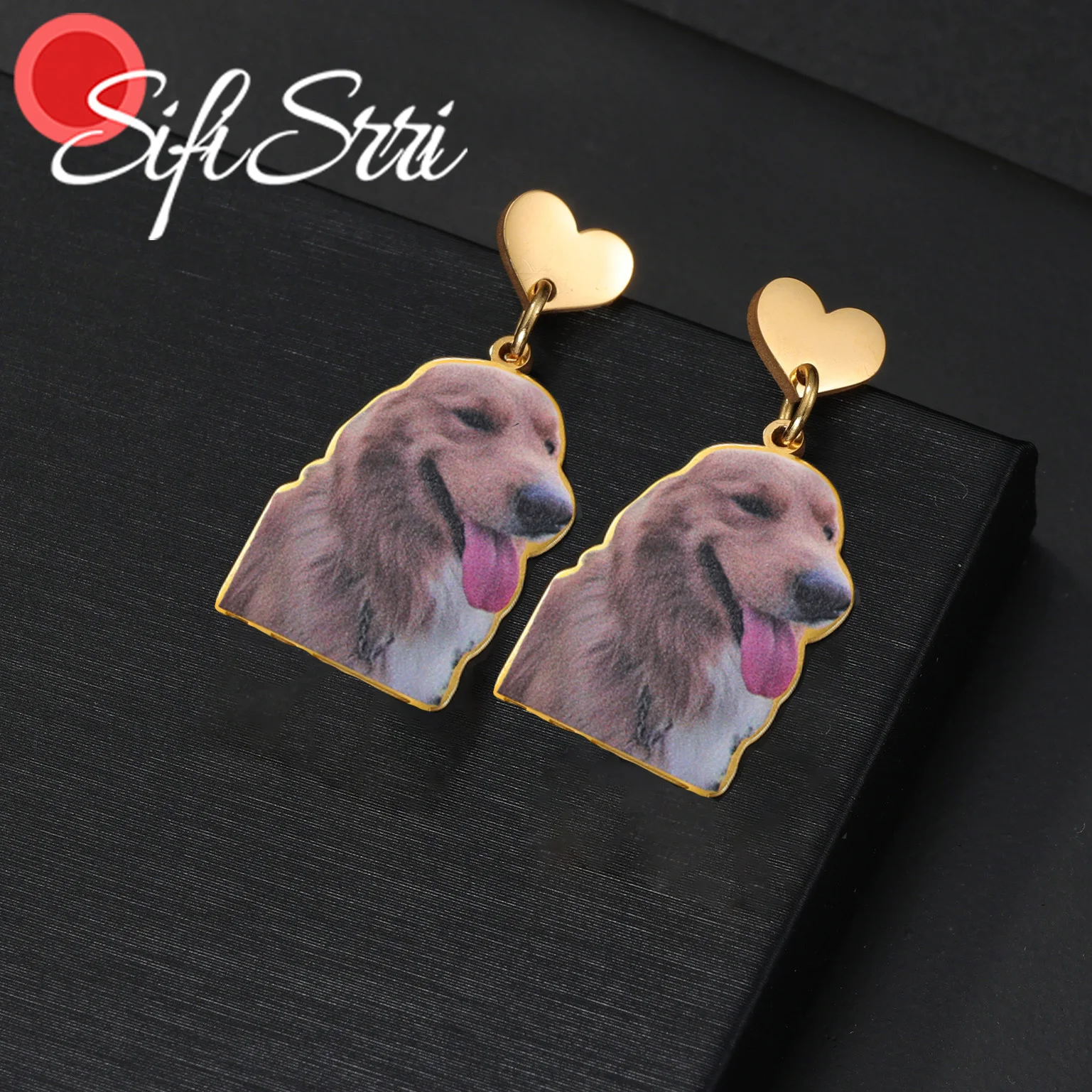 Sifisrri Custom Photo Earring For Women Stainless Steel Jewerly Personalized Color Picture Dangler Eardrop Pet Memorial Gift