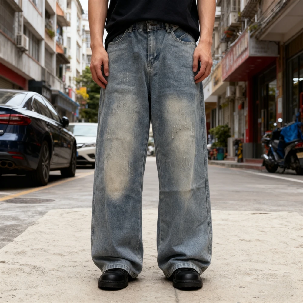 

KUCLUT Fashion Streetwear Quality Vintage Printed Straight Pants Loose Oversize Solid Color Trousers Zipper Jeans For Men Woman