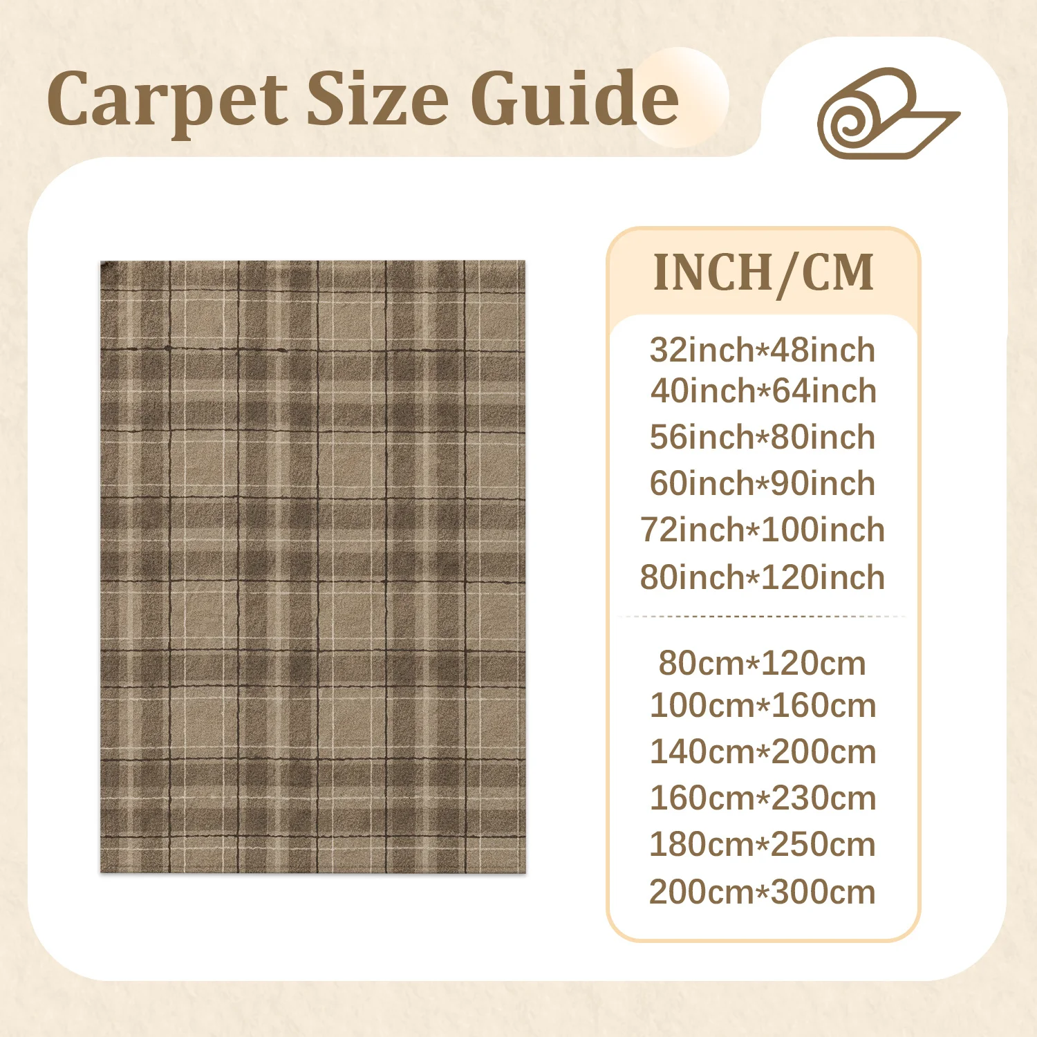 Large Indoor Area Rug, Soft Velvet Low Pile Non-slip Dotted Backing, Machine Washable Brown Plaid Floor Rug for Living Room Bedroom