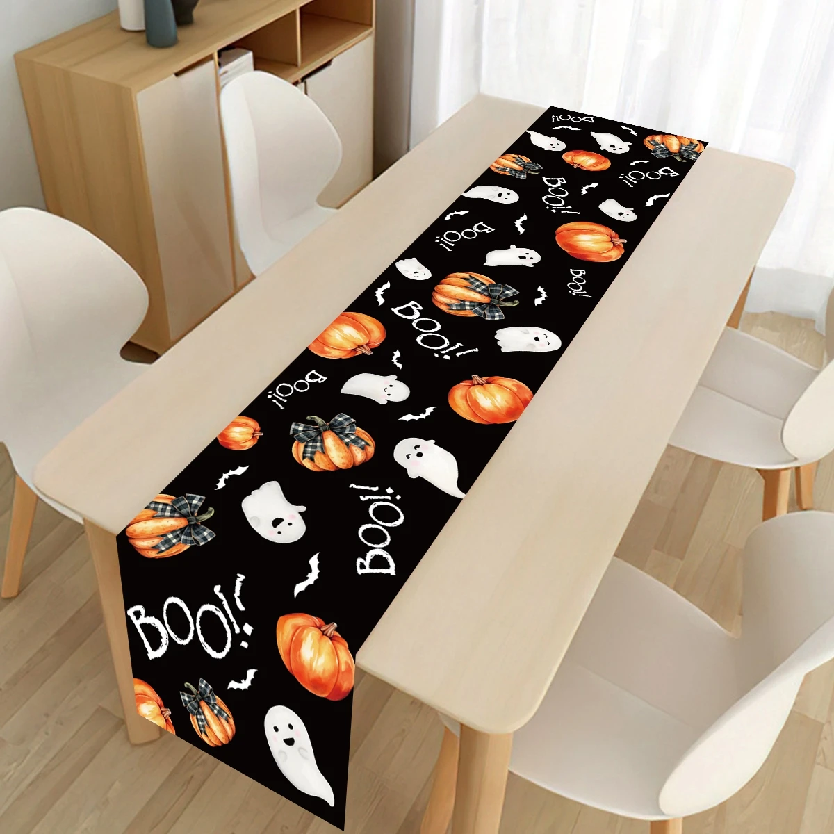 Halloween Table Runner Ghost Skeleton Spooky Pumpkins Burlap Holiday Home Kitchen Dining Table Party Indoor Outdoor Decoration