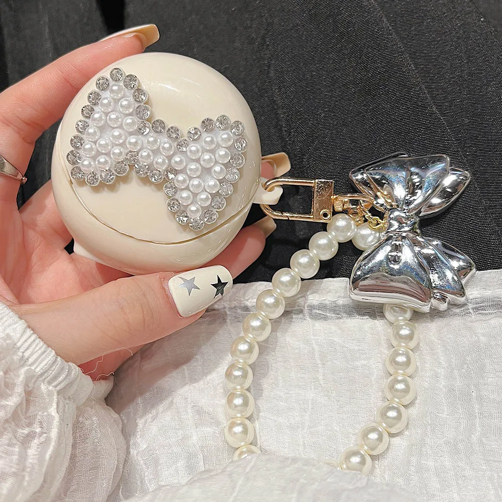 Luxury 3D Pearl Diamond Case For OPPO Enco Air 2i Air3 Soft Shockproof Protective Earphone Case With Electroplated Bow Bracelet