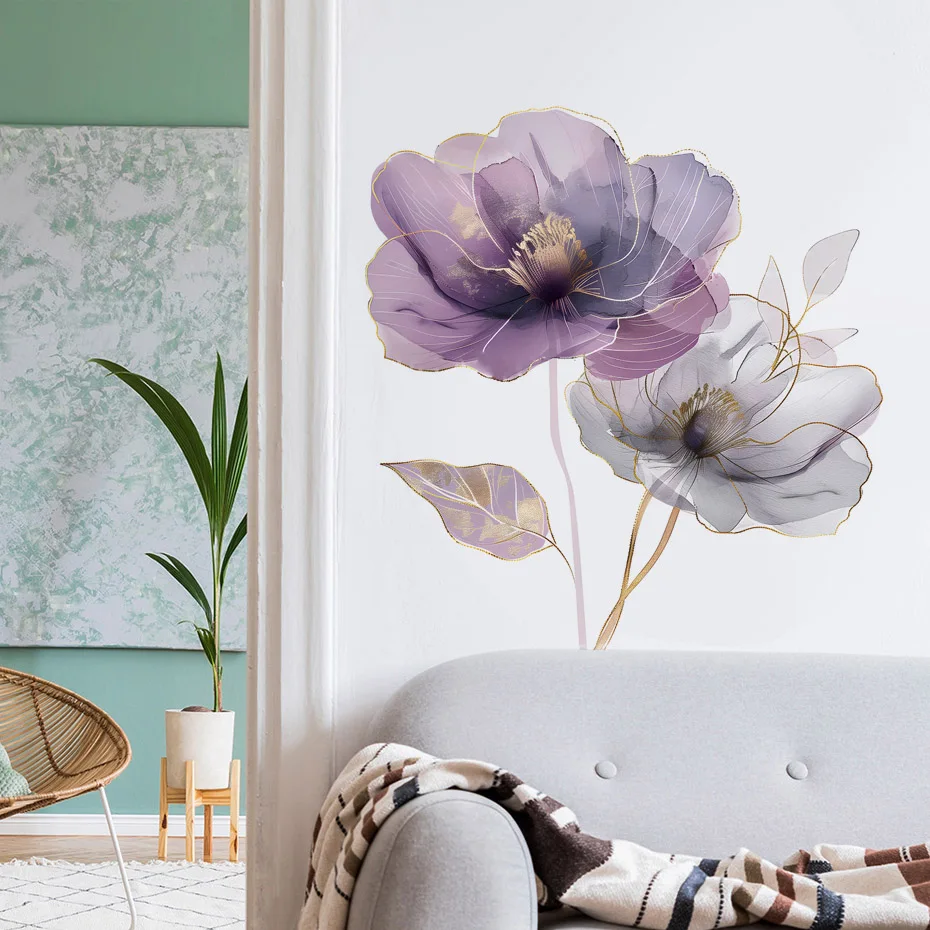 Purple Flower Wall Sticker Bedroom Home Decoration Living Room Removable Wallpaper Self-adhesive Stickers