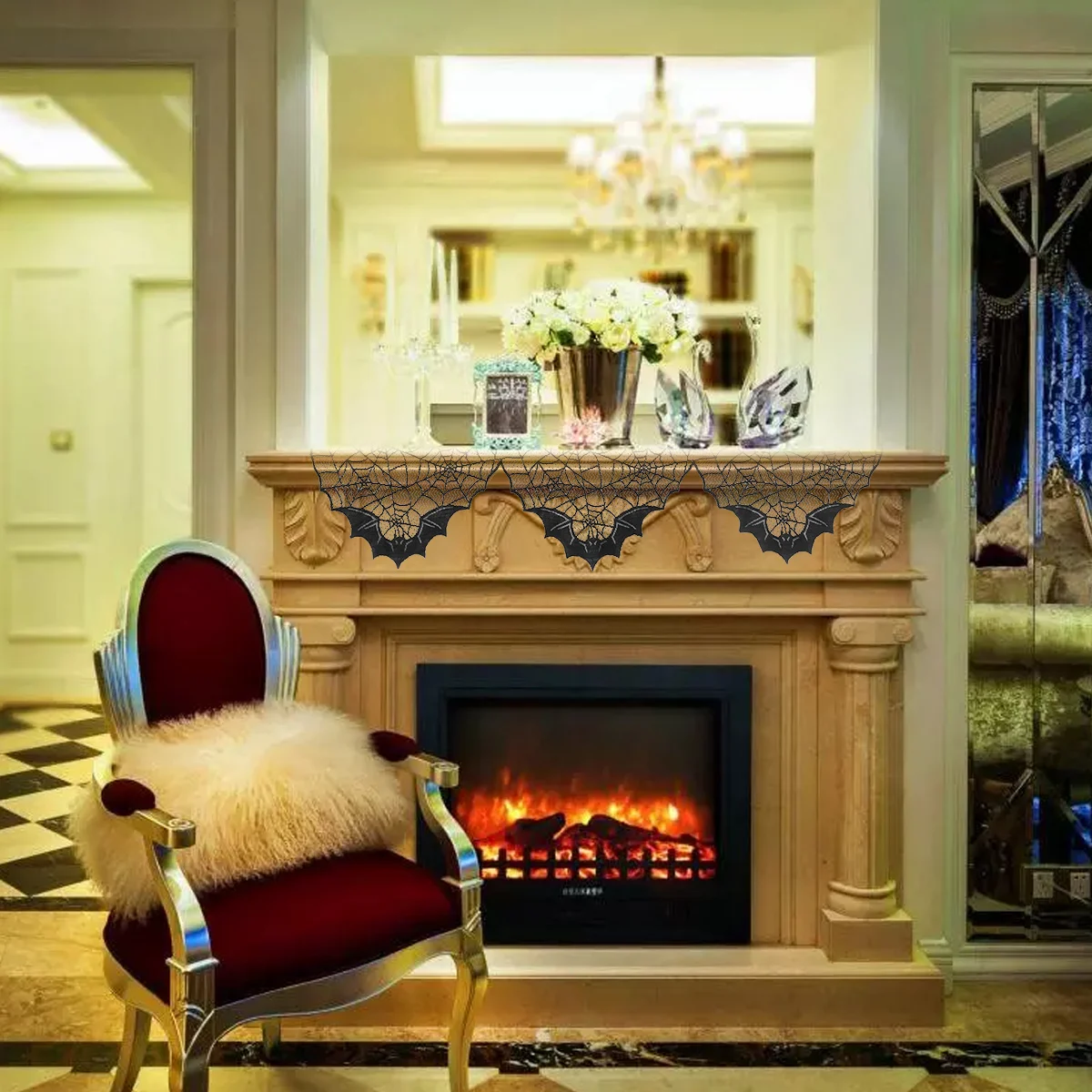 

Black Lace Fireplace Scarf Bat Spider Web Halloween Party Decoration Over Door Mantle Window Fireplace Cloth Decor