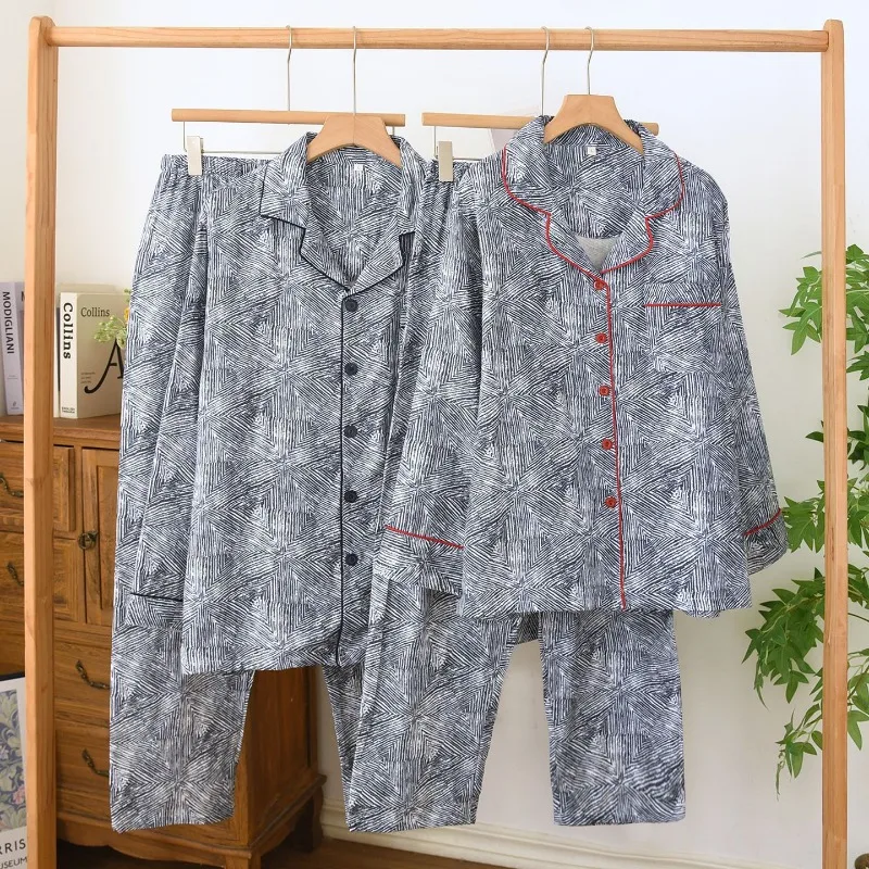 Couple Pure Cotton Double Gauze Pajama Set Unisex Soft Breathable All Season Home Wear Modern Abstract Print Sleepwear
