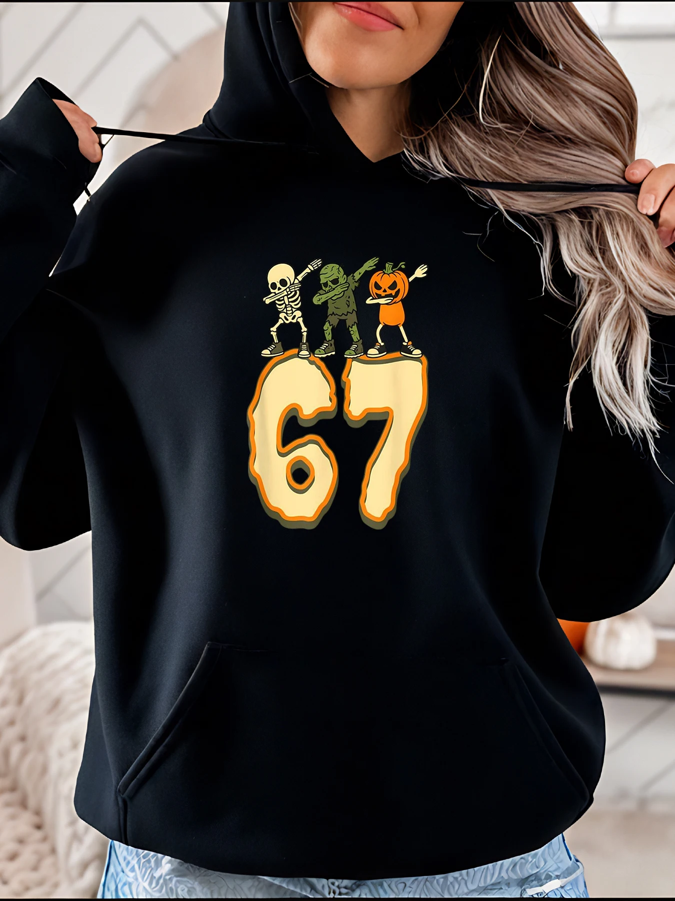 

Толстовка с капюшоном на Хэллоуин 67, скелет, зомби, принт тыквы, милый мультяшный дизайн, женская повседневная толстовка, осенне-зимний наряд