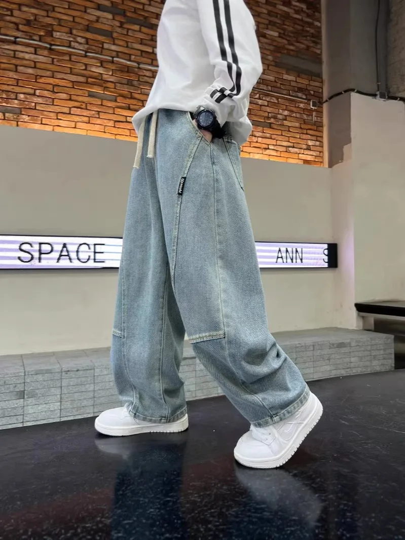 2026 Spring Casual Boys Denim Pants Elastic Waist Loose Straight Leg Jeans Blue Pocket Streetwear Style Trousers 4 2026 Spring Casual Boys Denim Pants Elastic Waist Loose Straight Leg Jeans Blue Pocket Streetwear Style Trousers 4