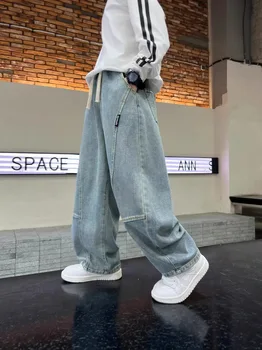 Boys Loose Straight Leg Jeans 4 2026 Spring Casual Boys Denim Pants Elastic Waist Loose Straight Leg Jeans Blue Pocket Streetwear Style Trousers 4