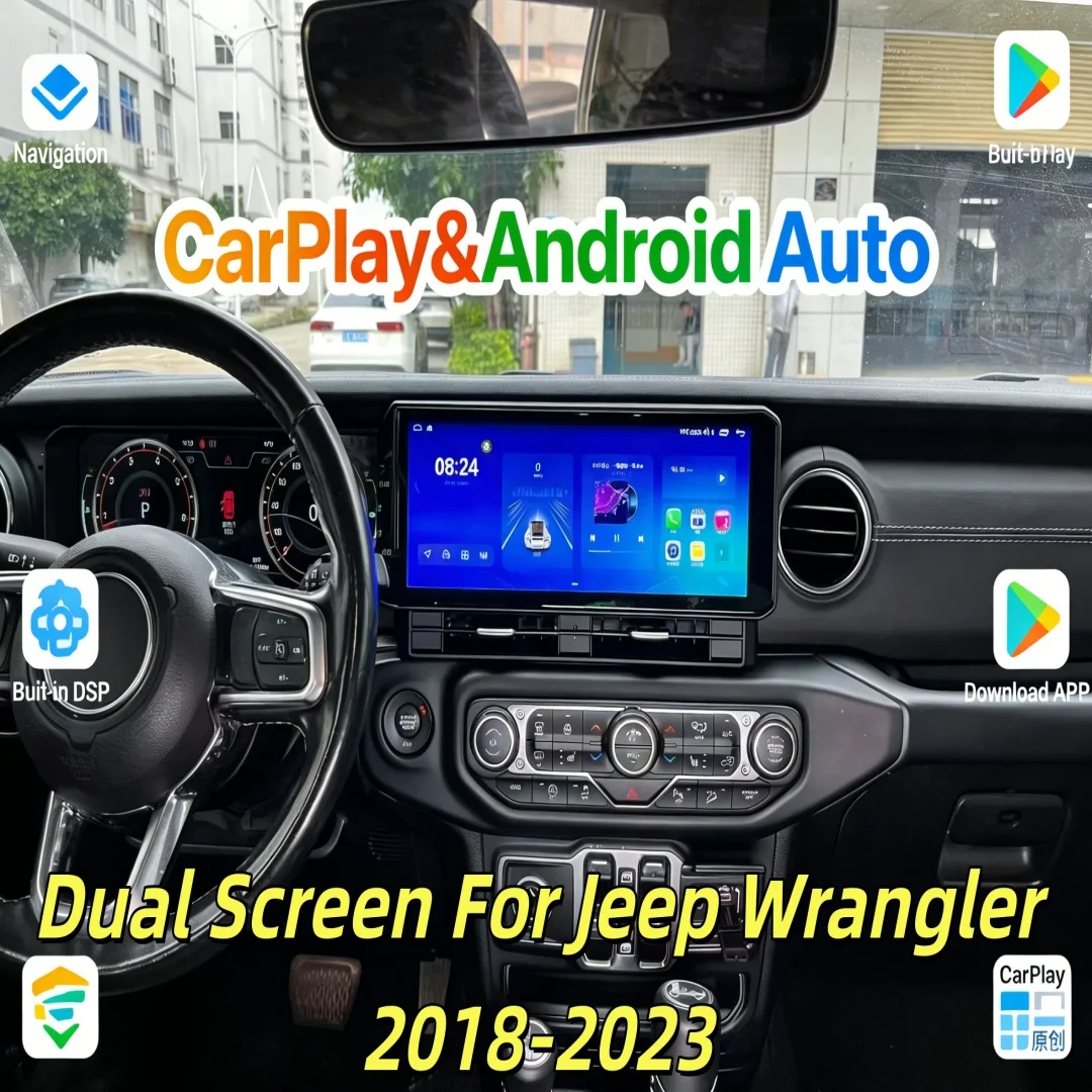 

Авторадио с двойным экраном, мультимедийный видеоплеер для Jeep Wrangler 2018-2023, цифровая приборная панель, GPS Carplay, 4G, Bluetooth, LHD, RHD