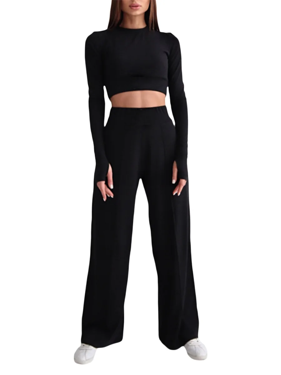 Womens Summer Outfits Casual Long Sleeve O Neck Crop Tops Wide Leg Pants Sets 2 Piece for for Yoga Fitness Streetwear