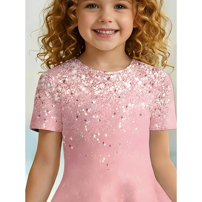 Mädchen Prinzessin Bedrucktes Glänzendes T-Shirt-Kleid, Rosa Glänzendes Freizeitkleid, Geeignet für Märchenhafte Kinderpartys, Geburtstagsgeschenke – Detail 7