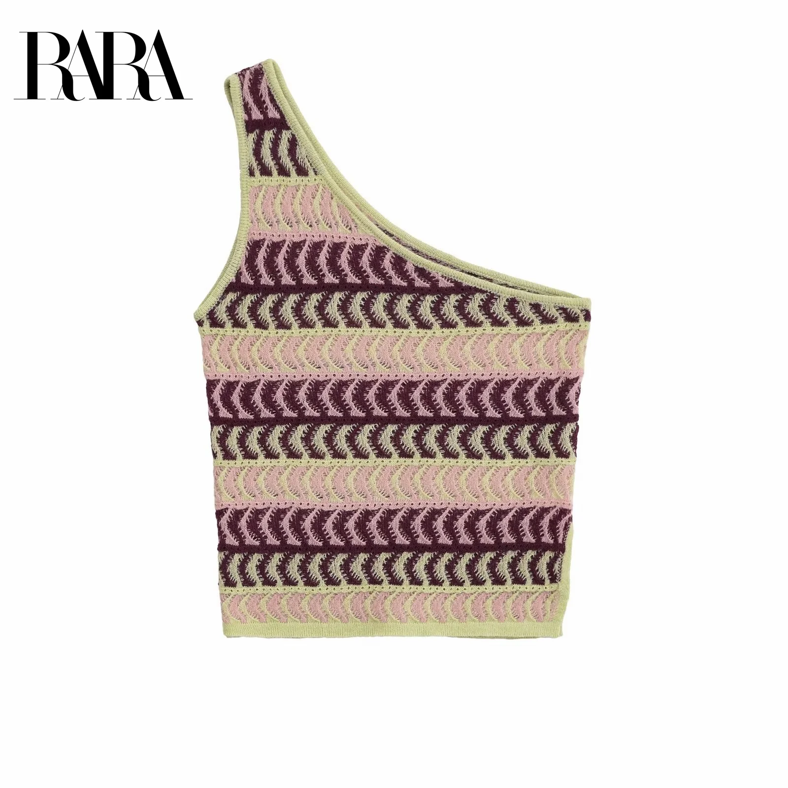 

RARA Women's Summer New Asymmetric - decorated One - shoulder Sleeveless Knitted Textured Contrast - color Camisole Top