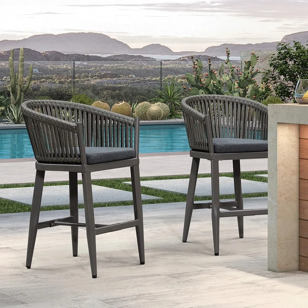 

Outdoor Counter Height Bar Stools Set of 2 Patio Metal Modern Wicker Bar Chairs Woven Aluminum Barstools with Back