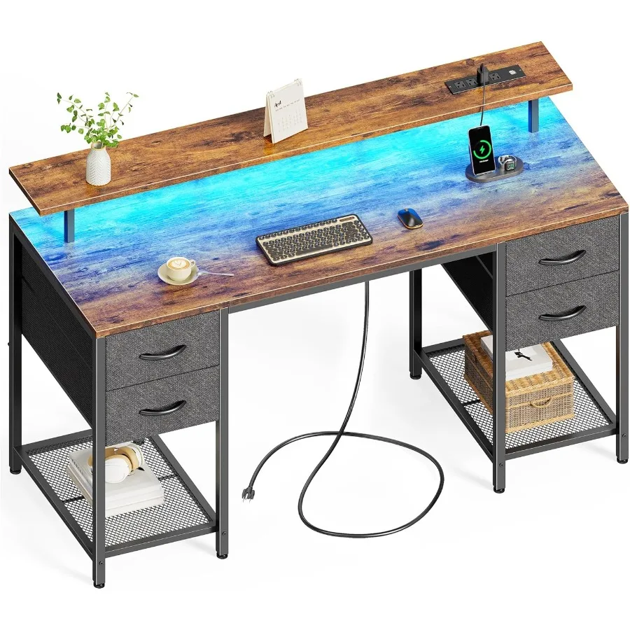 

55-дюймовый компьютерный стол с 4 ящиками и светодиодной подсветкой для игрового и домашнего офиса. Встроенные розетки и большие стойки.