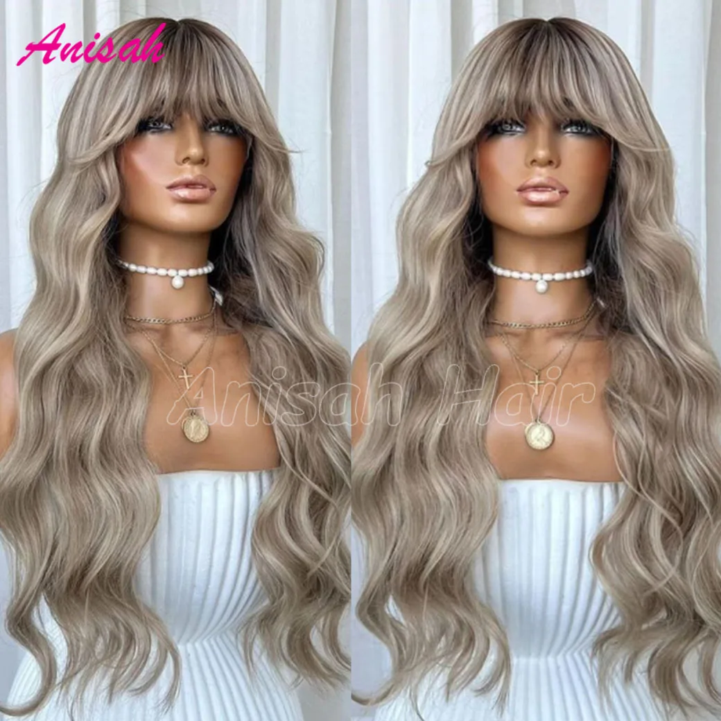 Brazilian Remy Hair Highlight Ash Blonde Wavy Human Hair Wigs With Bangs Colored 5x5 Lace Closure Glueless Human Hair Wigs