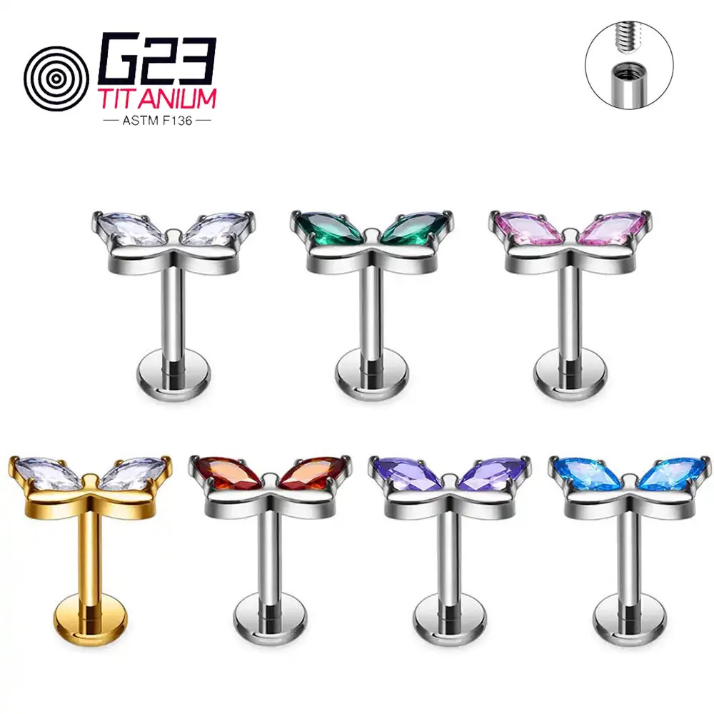 ASTM F136 Titanium 16G Silver Nose Piercing Labret Tragus CZ Paved Top Nose Ring Vibrator Jewelry Wholesale To Resell