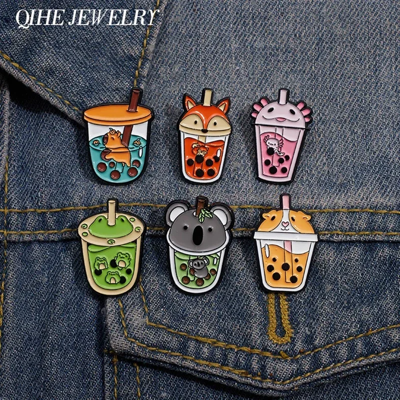 Cartoon Animal Pearl Bobo Milk Tea Enamel Pin Cute Hippo Fox Frog Dog Cup Brooches Lapel Backpack Badges Jewelry Pin Wholesale
