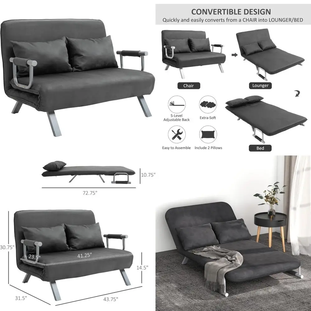 Adjustable Sofa Bed Chair with Pillows, 5-Position Reclining Sleeper Lounge