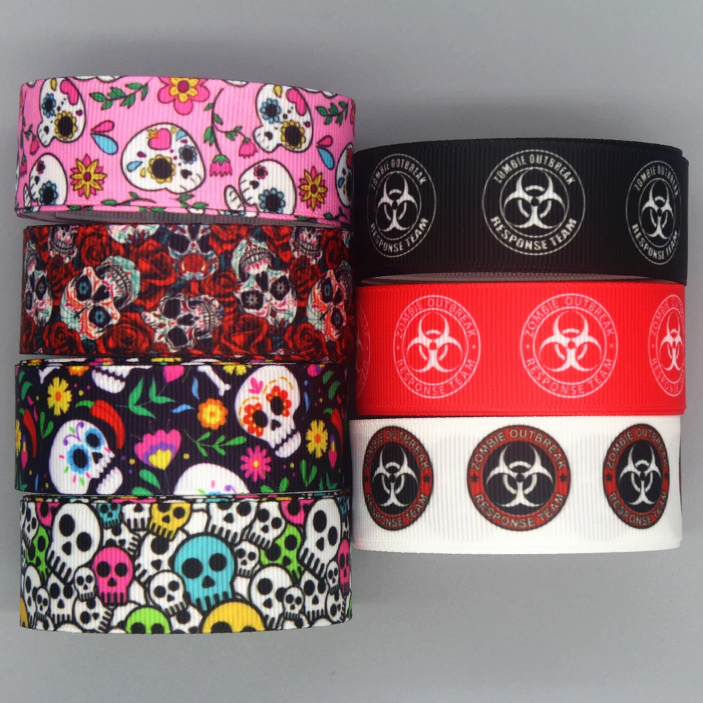 DUWES 50yards Skull Zombie Printed Grosgrain Ribbon Accessories Material Headwear Decoration DIY Sewing Craft D2218