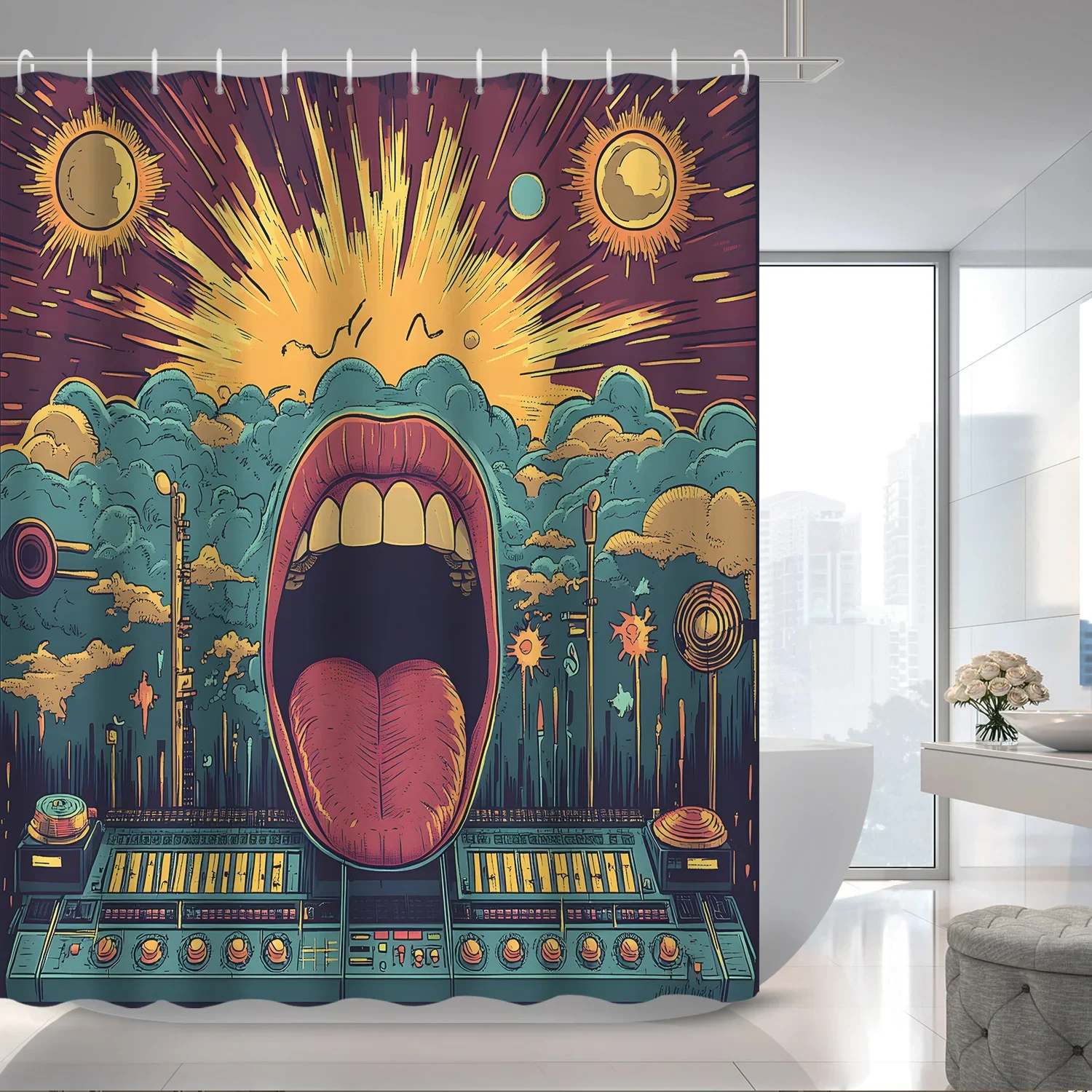 1pc Retro Abstract Geometric Art Mouth Teeth Tongue Shower Curtain Partition Curtain, Bathroom Decoration Shower Curtain
