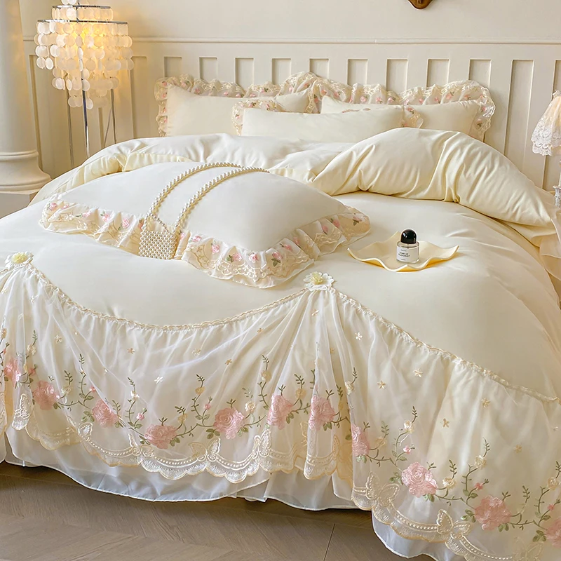 Lace Style Duvet Cover with Pillowcase Embroidered Quilt Cover Set Girls Room Bedding Skin-friendly Comforter Cover 이불커버
