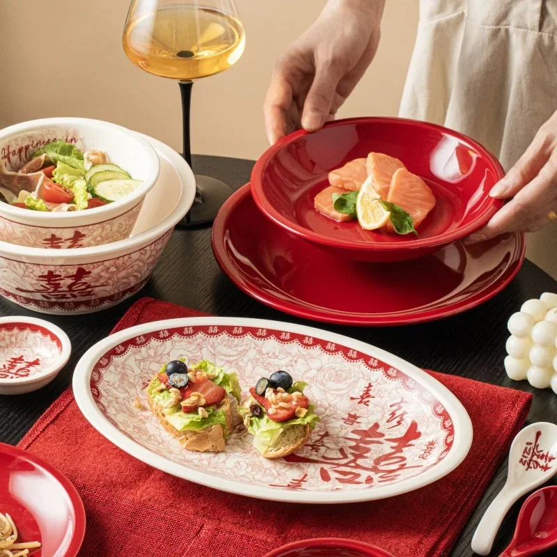 DSA Chinese high-end happy character set, dishes, tableware, household housewarming, engagement, wedding color box
