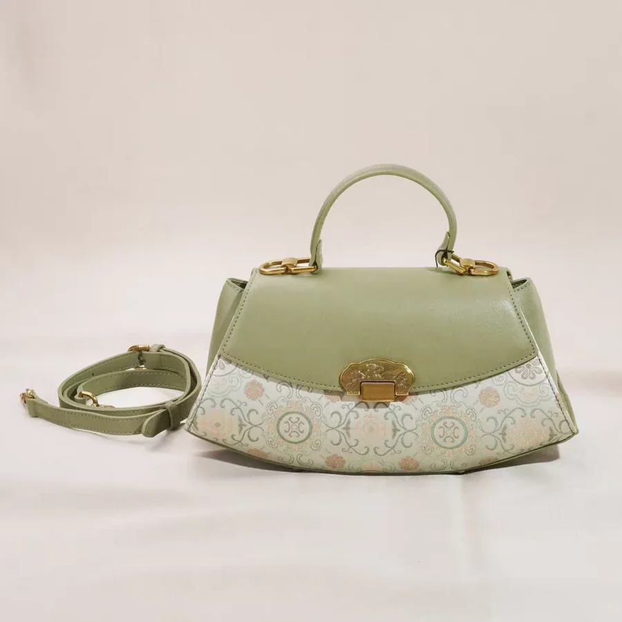 Light Luxury Niche Style Women Green Handbag With Mulberry Silk Jacquard Song Brocade & Leather Patchwork Crossbody Bags Lady