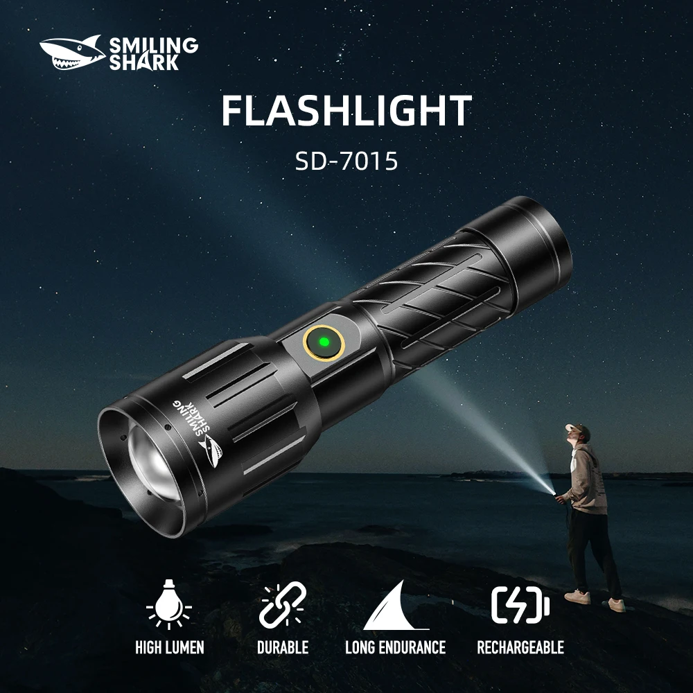 1pc sorridente tubarão SD-7015 lanterna led, lanterna portátil super brilhante, luz de flash de longa duração recarregável para ao ar livre