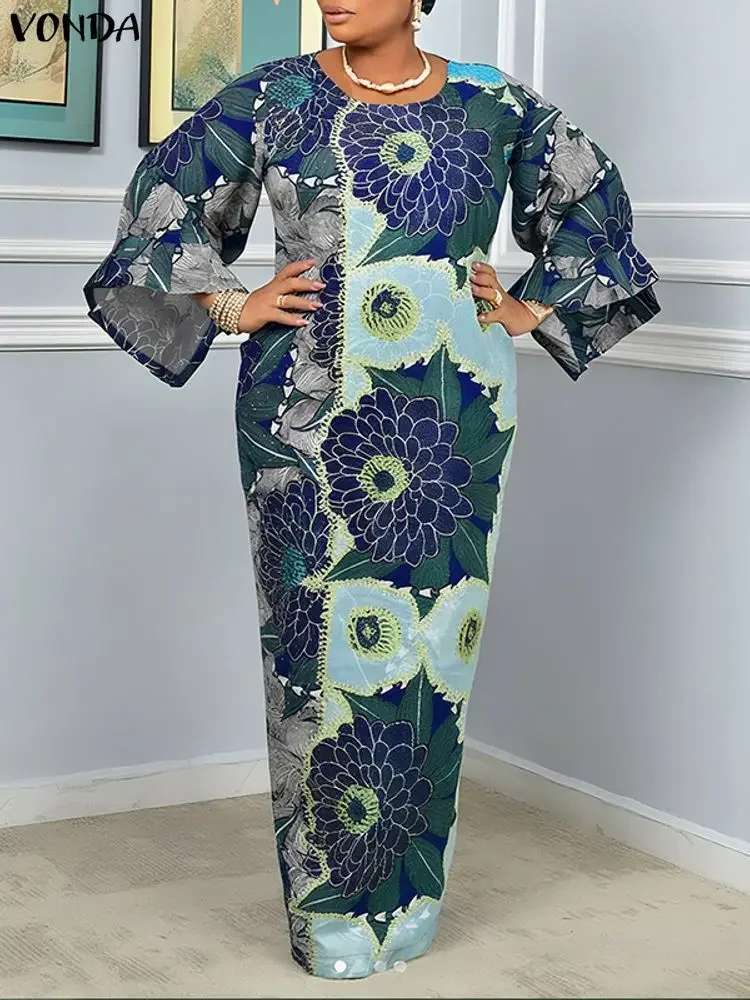 VONDA Women Bohemian Maxi Dresses Fashion Vintage Floral Print Long Vestidos 2025 Autumn Casual Holiday Party Robe Plus Size 5XL