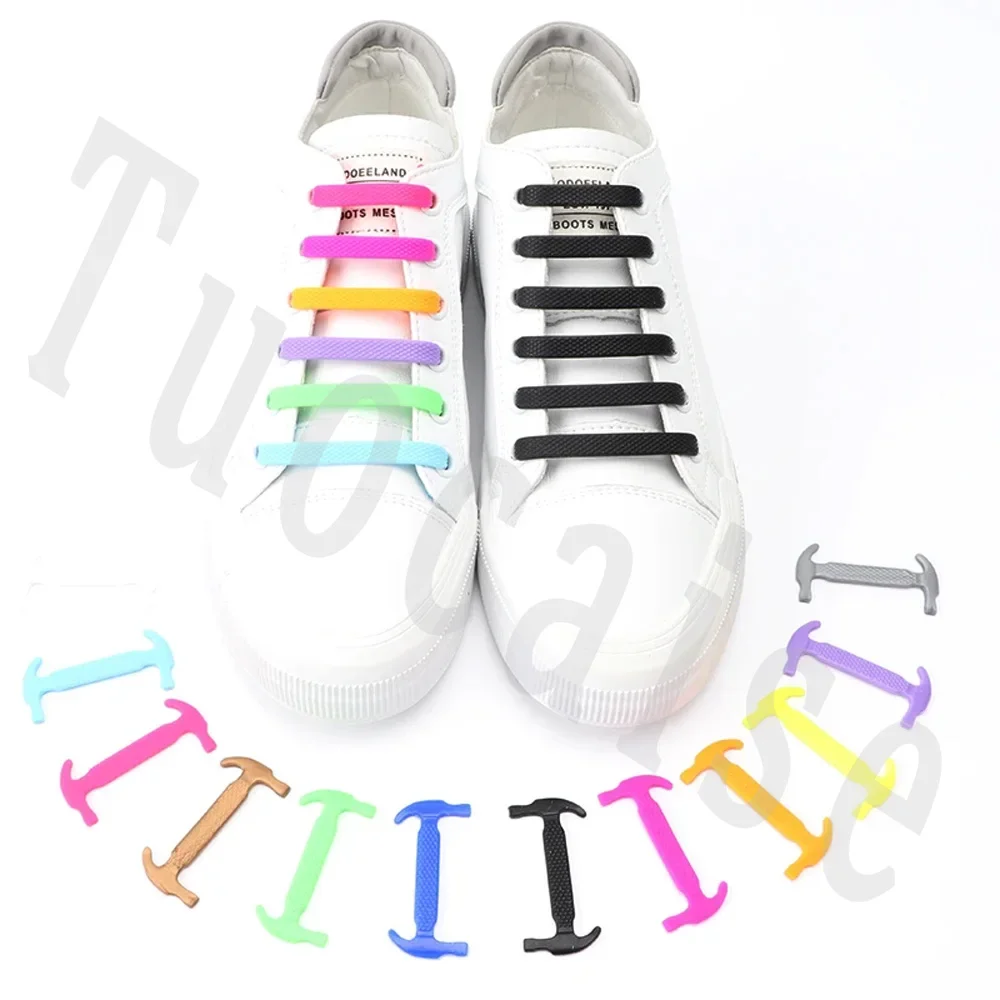 

16 Pcs Elastic Waterproof Silicone Shoelaces Hammer Shoelaces Flat No-Tie Shoelaces Adults and Children Rubber Quick Shoe Lace