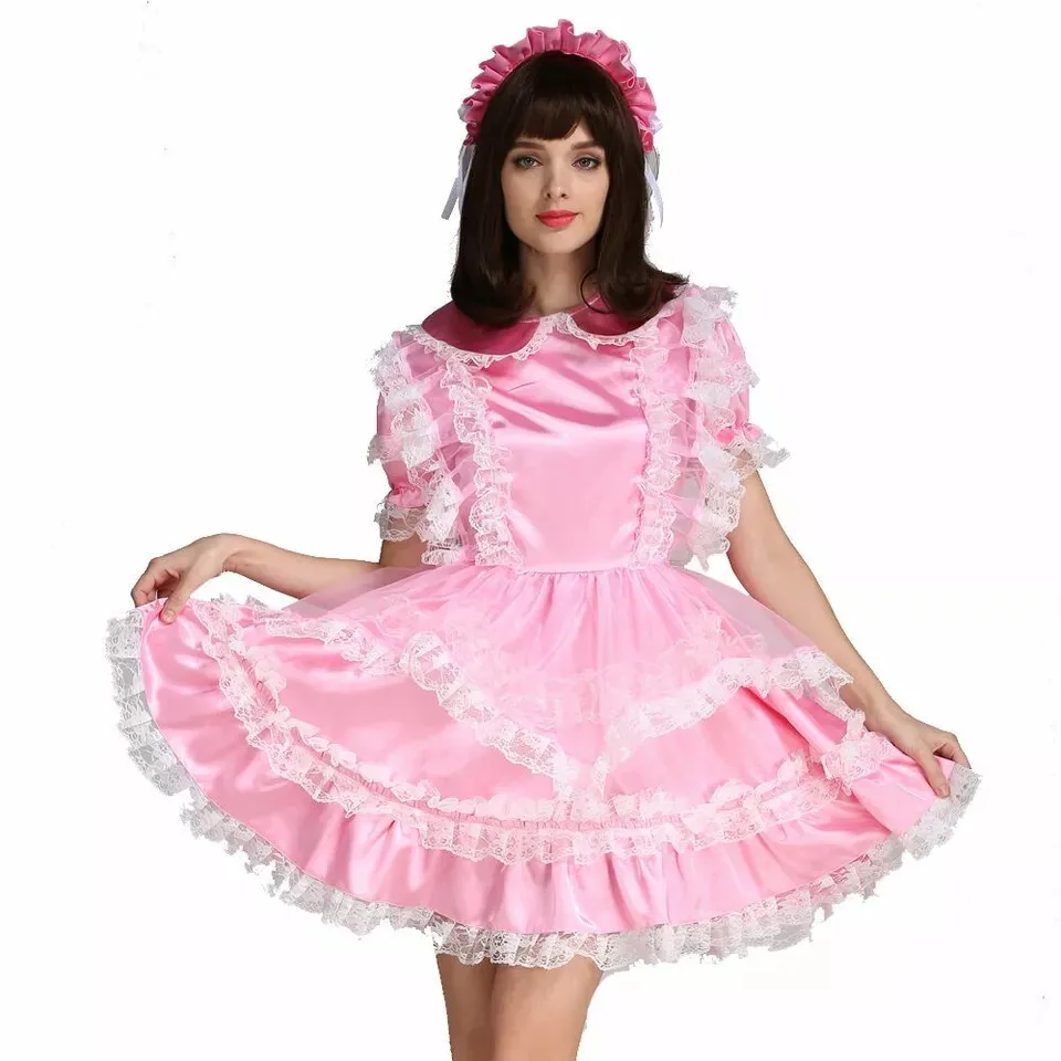 

Sissy Girl Pink Satin Lockable Dress Maid cosplay costume Tailor-made