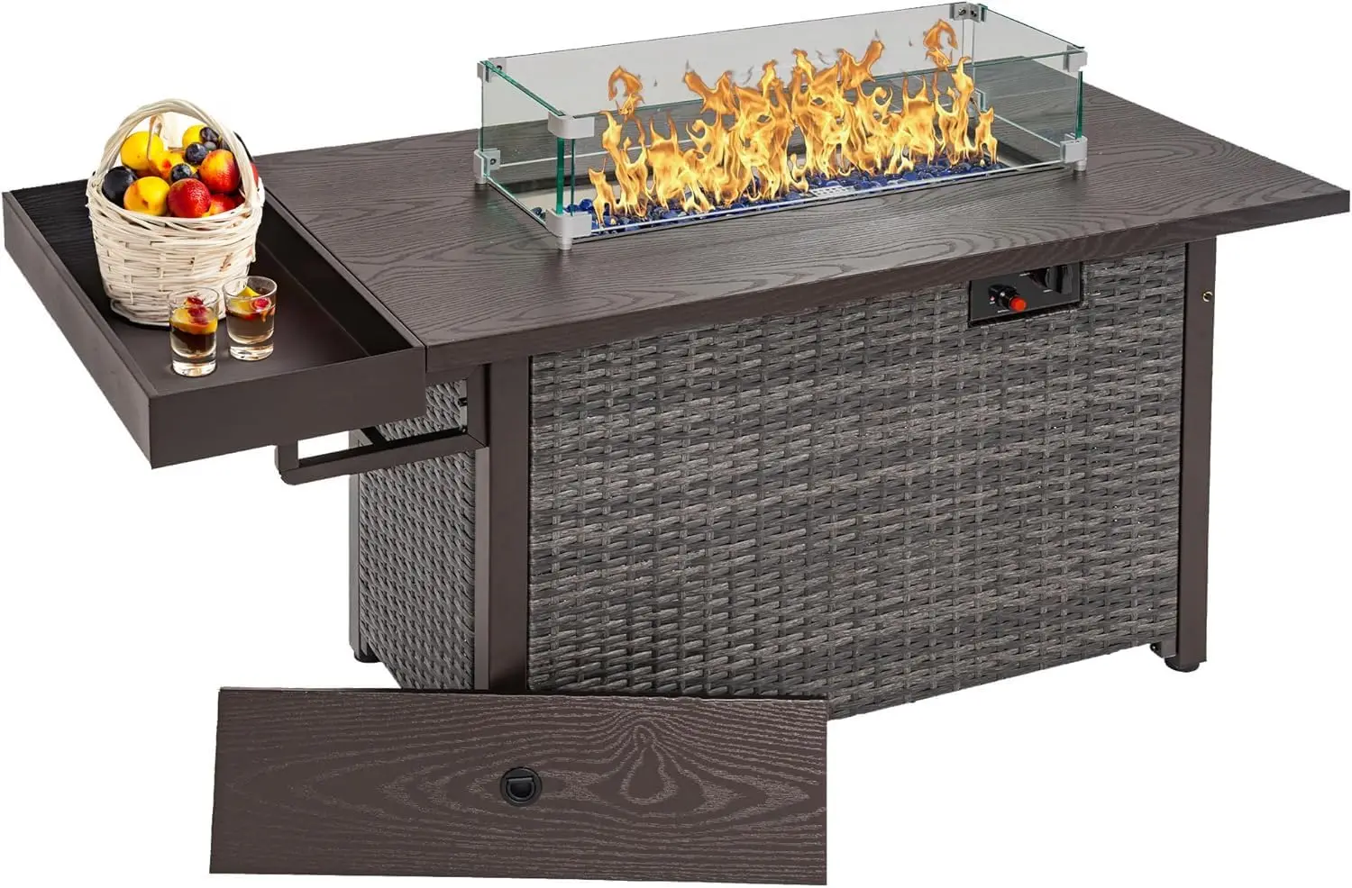 

52 Inch Outdoor Fire Pit Table, 50000 BTU Propane Fire Pits with Storage Shelf, Glass Wind Guard and Lid, Wicker Patio Gas Fire