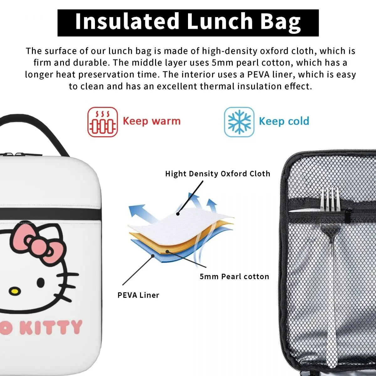 Cute Hello Kitty Logo Insulated Lunch Bags Cooler Bag Reusable Meal Container Portable Tote Lunch Box Food Storage Bags Travel