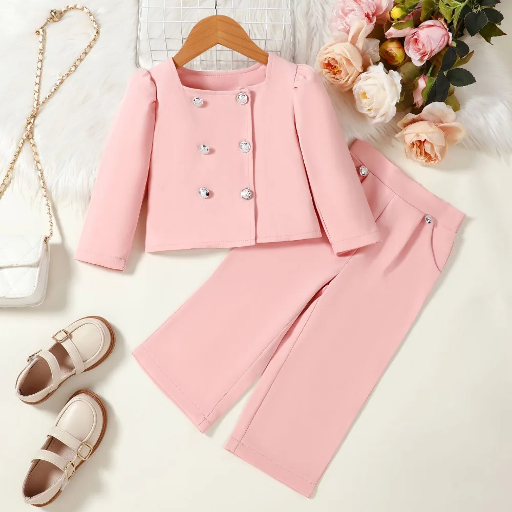 2026 Spring Girls 2Pcs Set Solid Color Square Neck Puffed Sleeve Double Breasted Blazer  Wide Leg Pants Kids Formal Outfit 3-12Y