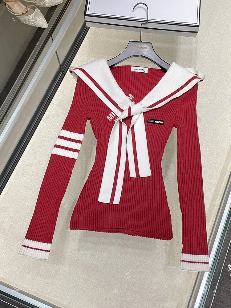 

Red Striped Slim Fit Knitted Sweater Navy Collar High End Women's Faion Miumem Commute Sle Regular Fit V-Ne Long Sve